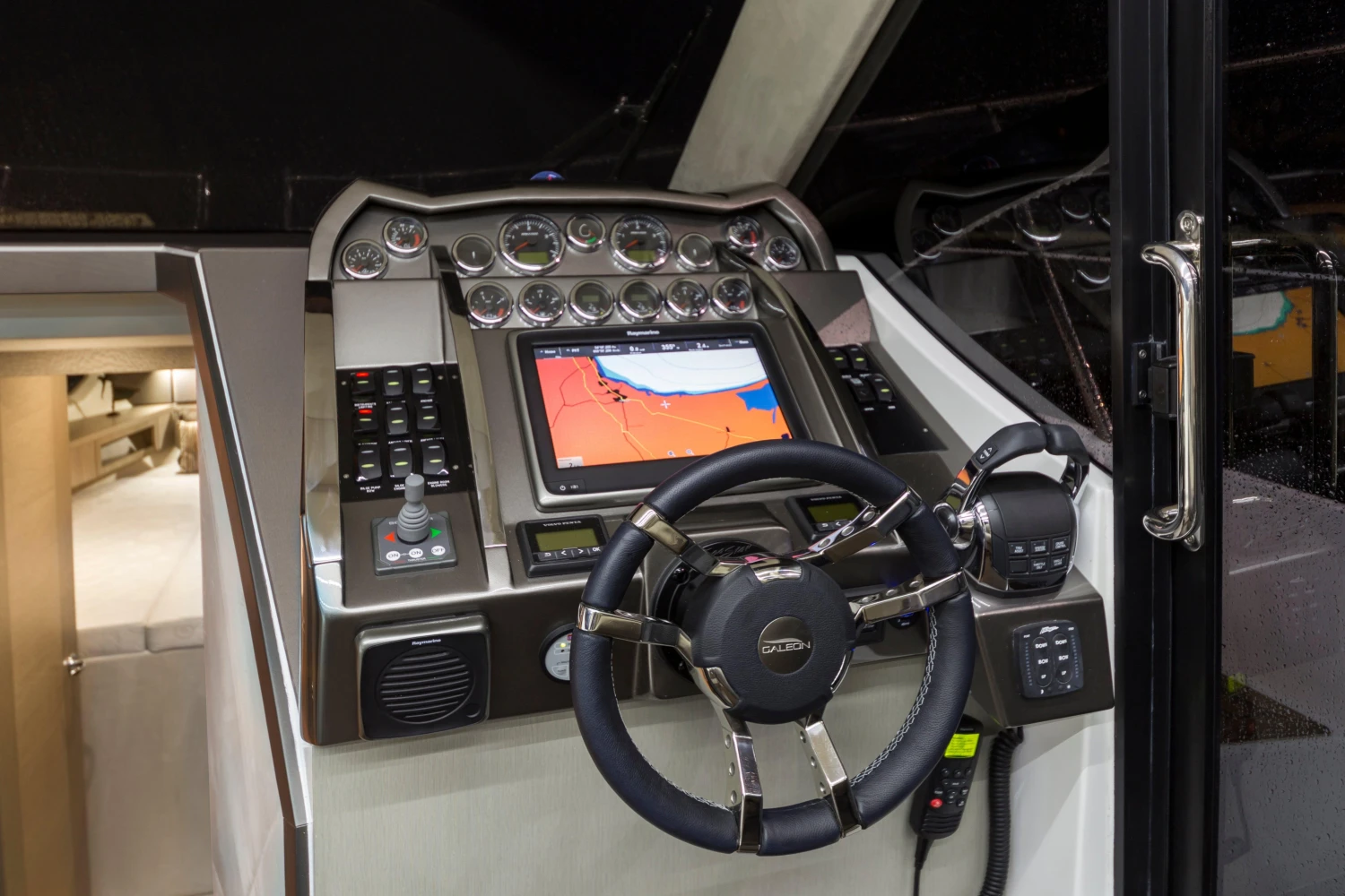 Control panel of 2025 Galeon 360 Fly yacht with advanced navigation system.