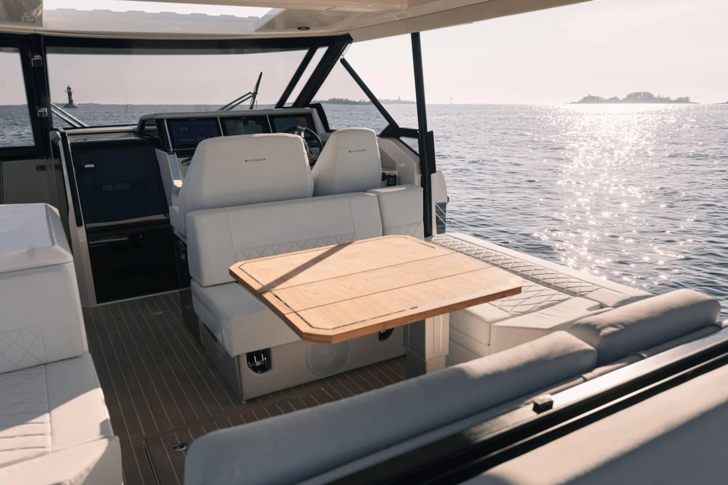Luxurious interior of 2025 Saxdor 400 GTO yacht with ocean view.