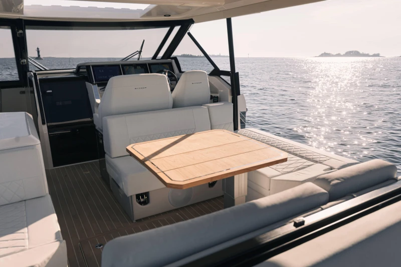 Luxurious interior of 2025 Saxdor 400 GTO yacht with ocean view.
