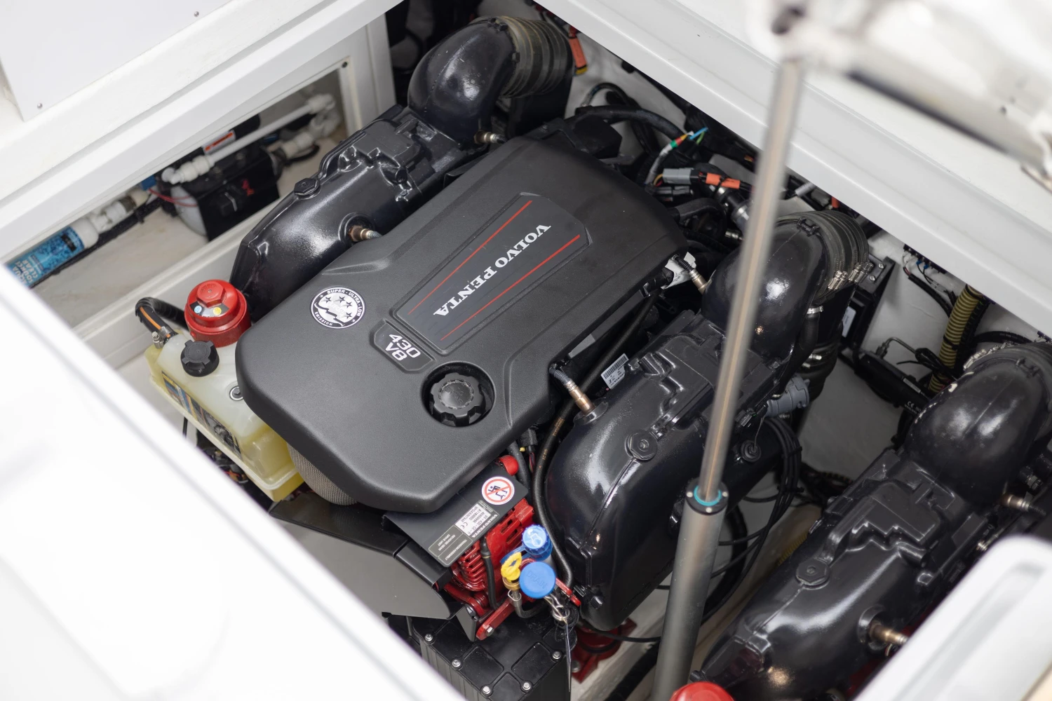 Engine compartment of 2023 Fairline F//Line 33 with Volvo Penta engine.