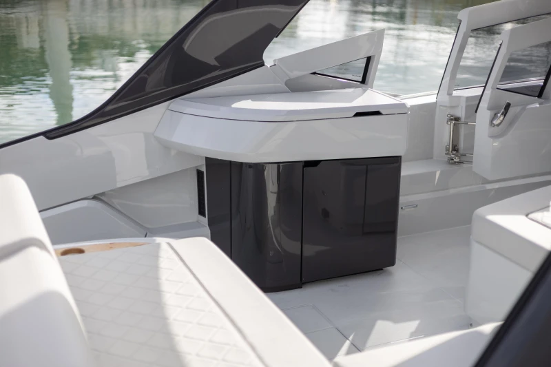 2023 Fairline F//Line 33 yacht interior with sleek modern design and seating area.