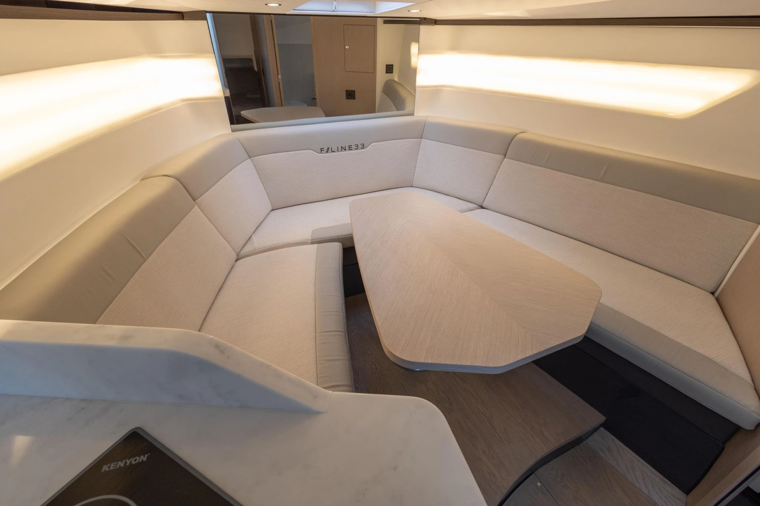 2023 Fairline F//Line 33 interior with elegant seating and modern design.