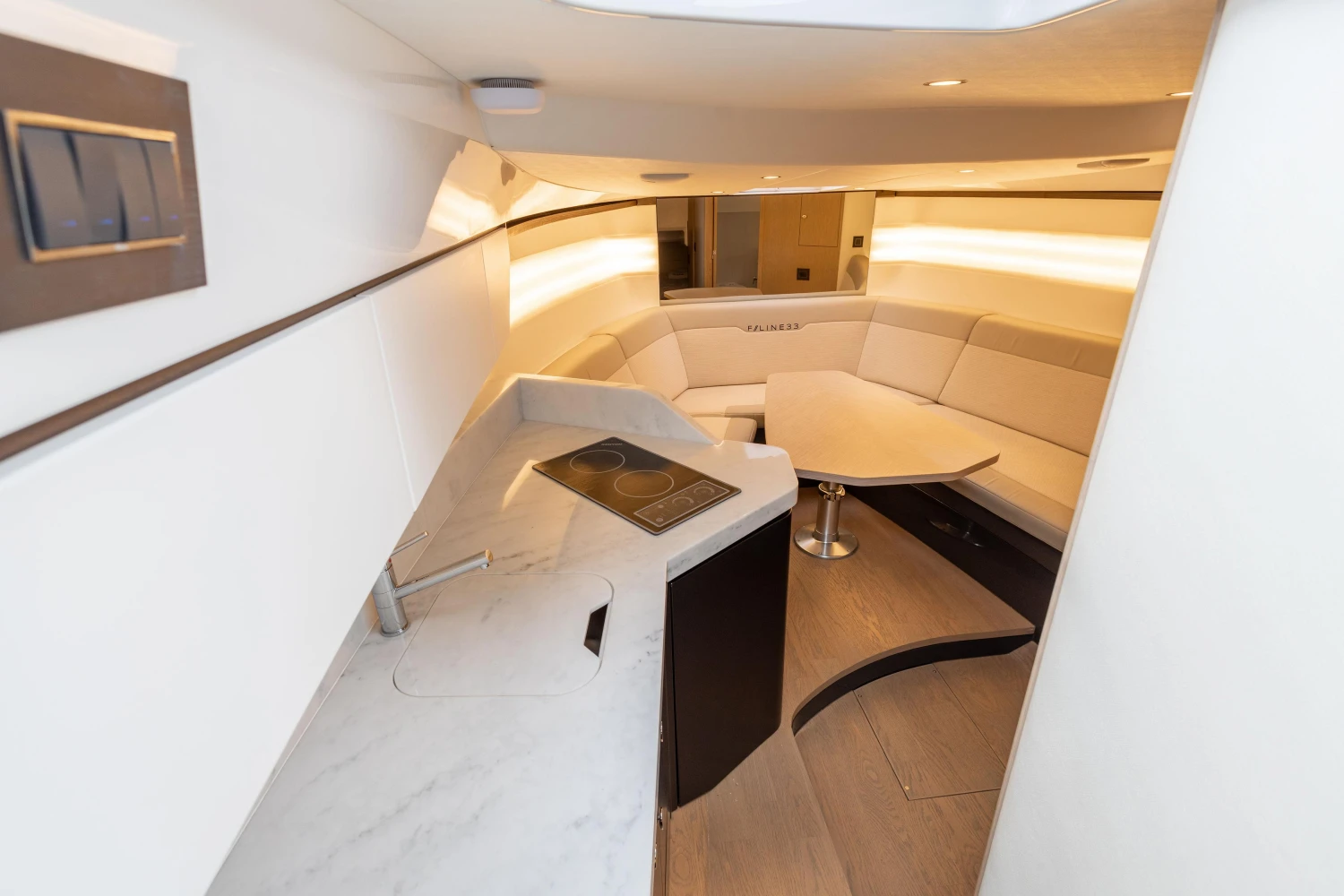2023 Fairline F//Line 33 interior with modern seating and sleek design.
